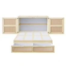 Lit escamotable 140 x 200 cm, lit escamotable avec sommier à lattes, lit pliant mural, lit escamotable vertical avec sommier à lattes, avec tiroirs de rangement, design en rotin, lits en bois, lits pour jeunes, lits simples, couleur bois - Bois naturel + Bois - Voir 8