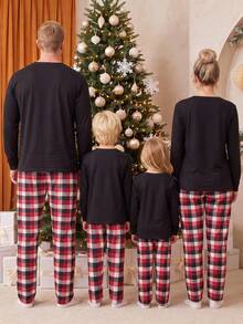 Family Christmas Matching Pajamas Set Long Sleeve Tops With Plaid Pants - Black - View 2