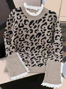 Women Casual Winter Crew Neck Contrast Lace Color Block Leopard Jacquard Knitted Sweater Sleeve Button Design Knit Top Daily - Apricot - View 8