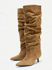 Fall/Winter 2025 New Kitten Heel Pleated Thigh High Boots, Pointed Toe Over The Knee Tall Vintage Riding Boots - Khaki - View 9