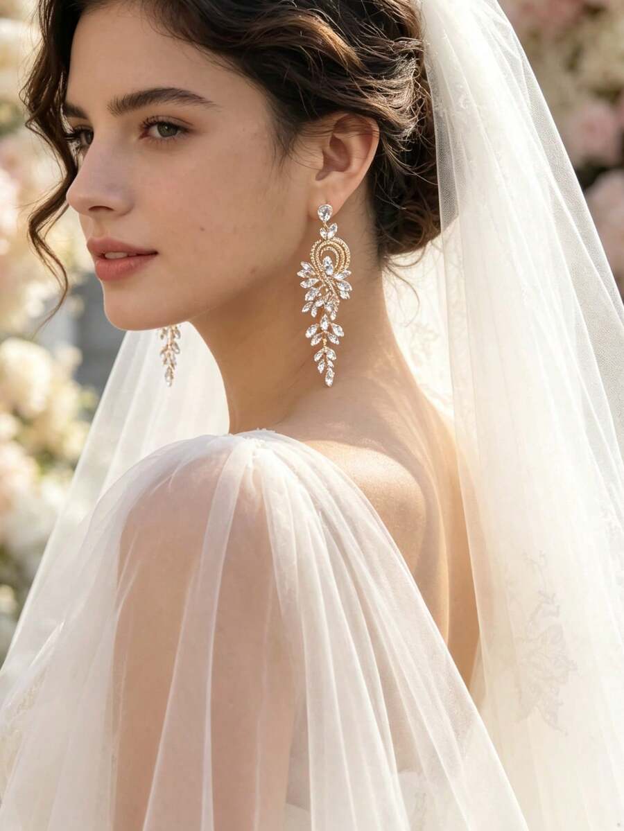 1 par de pendientes colgantes de lujo con borlas largas y ojo de caballo de strass, pendientes de novia de boda de aleación de zinc, joyería formal para banquetes y fiestas de mujeres - Dorado - Ver 1