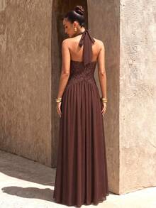 UNITHORSE [Random Cut] Halter Tie-Up Backless Waist Cinched Sequin Patchwork Chiffon Evening Dress - Coffee Brown - View 2