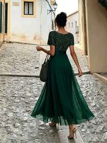 Fine Glitter Short Sleeve Elegant Romantic Dress For Ball, Homecoming Party - Dark Green - View 4