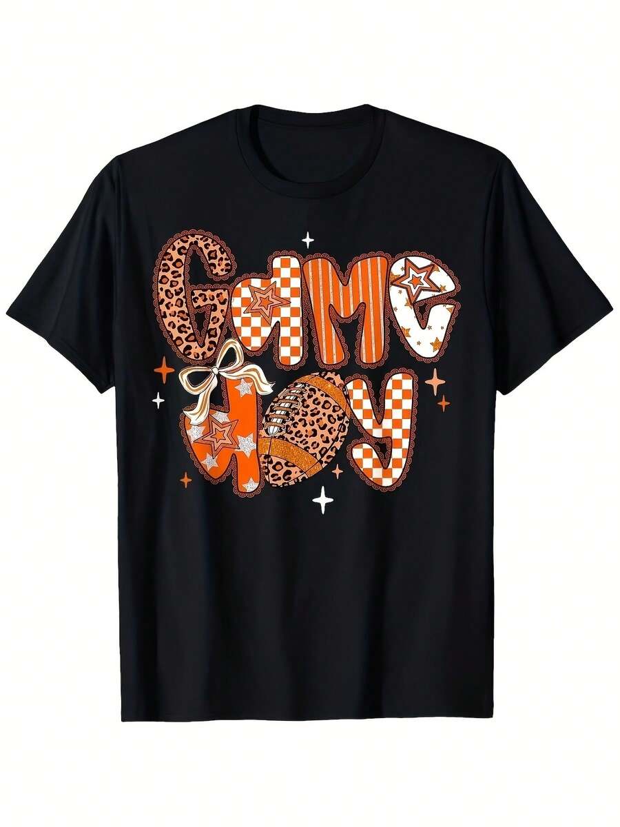 Game Day Grafik-T-Shirt, Orangefarbener Leoparden-Karo-Druck mit Fußball- und Schleifendetail, Perfekt für Fußballfans, Zuschauer von Spieltagen und Liebhaber lässiger Sportbekleidung - Schwarz - Übersicht 1