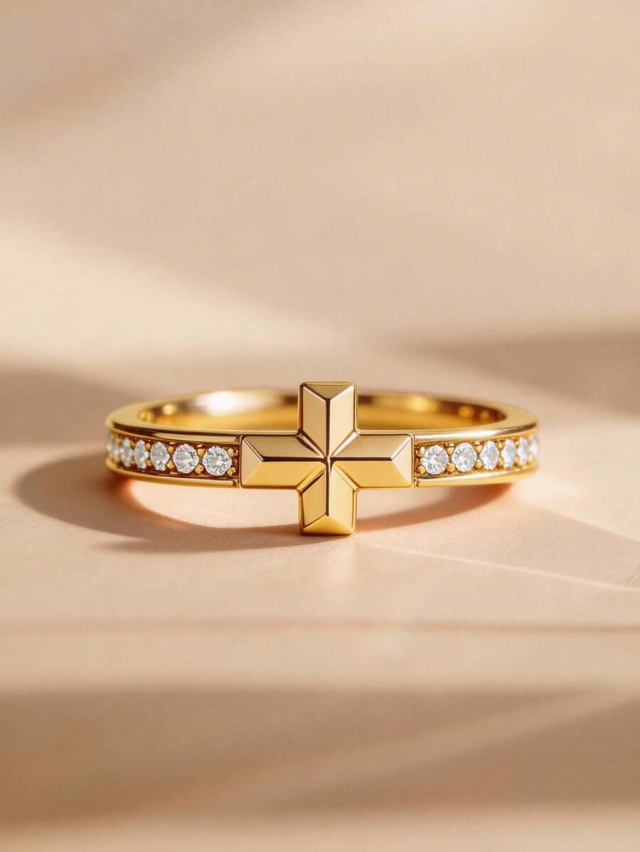 1pc Gold Knot Cubic Zirconia Ring, Pave Twisted Design, Stackable Fashion Women's Ring - Gold - View 1