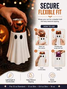 1pc Cute Ghost Design Beverage Can Cooler Sleeve, Flexible Fit For Multiple Can Sizes, Reusable Halloween Insulated Sleeve, Holiday Party Home Desktop Office Gathering Decoration Gift - White - View 5