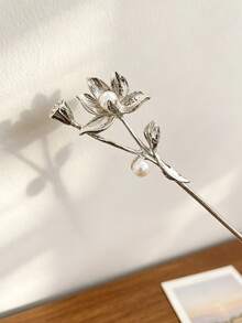 1pc Gold Pearl Inlaid Lotus Hair Stick, Minimalist Bridal Hair Accessory, Suitable For Daily, Vacation Party, Wedding And Bridesmaid - Multicolor - View 7