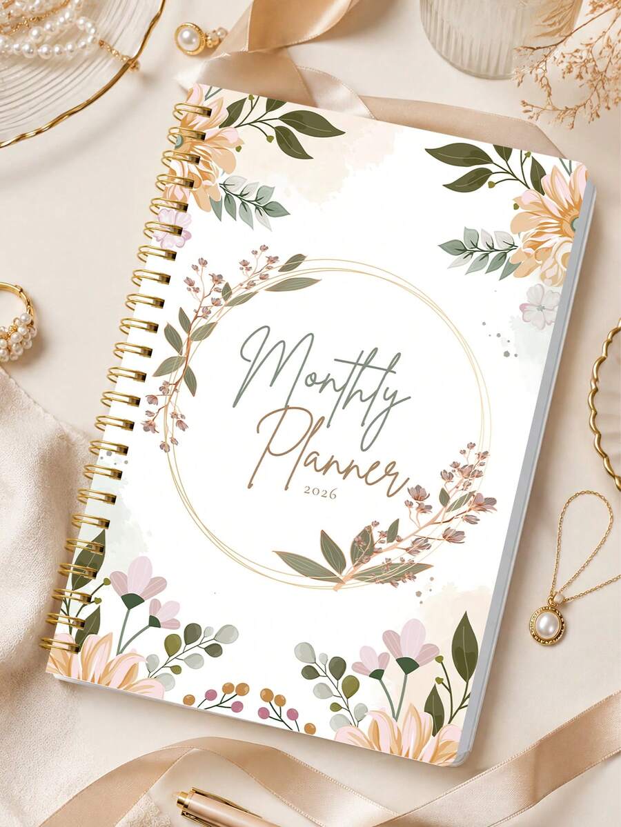 1pc 2026 Floral Monthly Planner For Women, Jan-Dec Calendar With Gold Spiral & To-Do Pages, Office Desk Accessories Note Books For School Teacher Accessories, Halloween Gifts - A - View 1