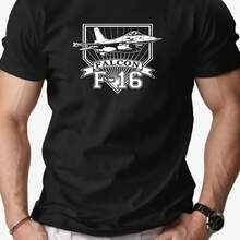 Falcon F-16 Fighter Jet Graphic T-Shirt For Men, Light Blue Summer Casual Crew Neck T-Shirt, Design For Aviation Enthusiasts, Men's Clothing - Black - View 1
