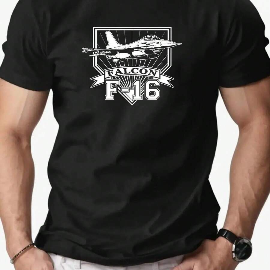 Falcon F-16 Fighter Jet Graphic T-Shirt For Men, Light Blue Summer Casual Crew Neck T-Shirt, Design For Aviation Enthusiasts, Men's Clothing - Black - View 1