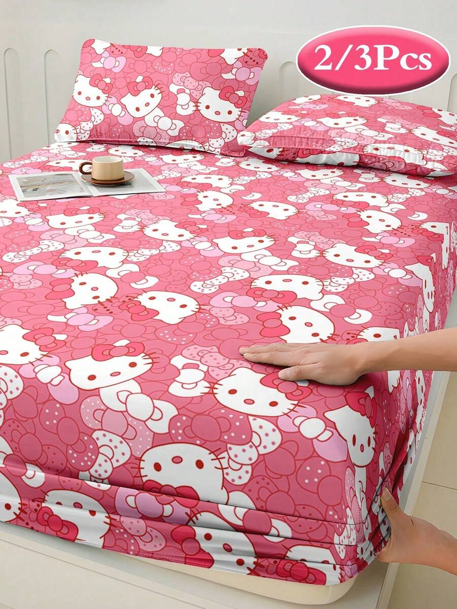 Sanrio 2/3件組 Hello Kitty 床上用品套裝,可愛卡通印花床單套組,床墊保護墊、床罩、床單,舒適家居紡織品,透氣防起球床墊保護墊,家居裝飾,適用所有床尺寸-雙人床、全尺寸、加大雙人床、特大雙人床,四季通用,防塵床罩,可機洗 - 蝴蝶結KT - 查看 1