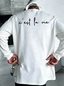 C'est La Vie French Handwritten Loose Long Sleeve T-Shirt Men Spring/Autumn White Minimalist Commuter Base Layer - White - View 2