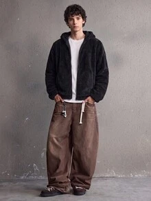 MAISONFOX 男士純色極簡可正反穿著抓絨連帽休閒拉鍊夾克，秋冬雙面羊羔絨內裡保暖外套 - 黑色 - 查看 8
