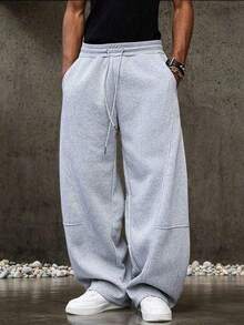 Men's Solid Color Drawstring Waist Pockets Casual Loose Fit Sports Sweatpants, Knitted Fabric Athletic Long Pants - Light Grey - View 2