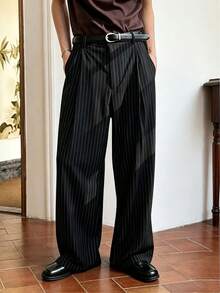 Pantalones largos de pierna ancha estilo casual de negocios para hombres, pantalones a rayas de moda - Negro - Ver 1