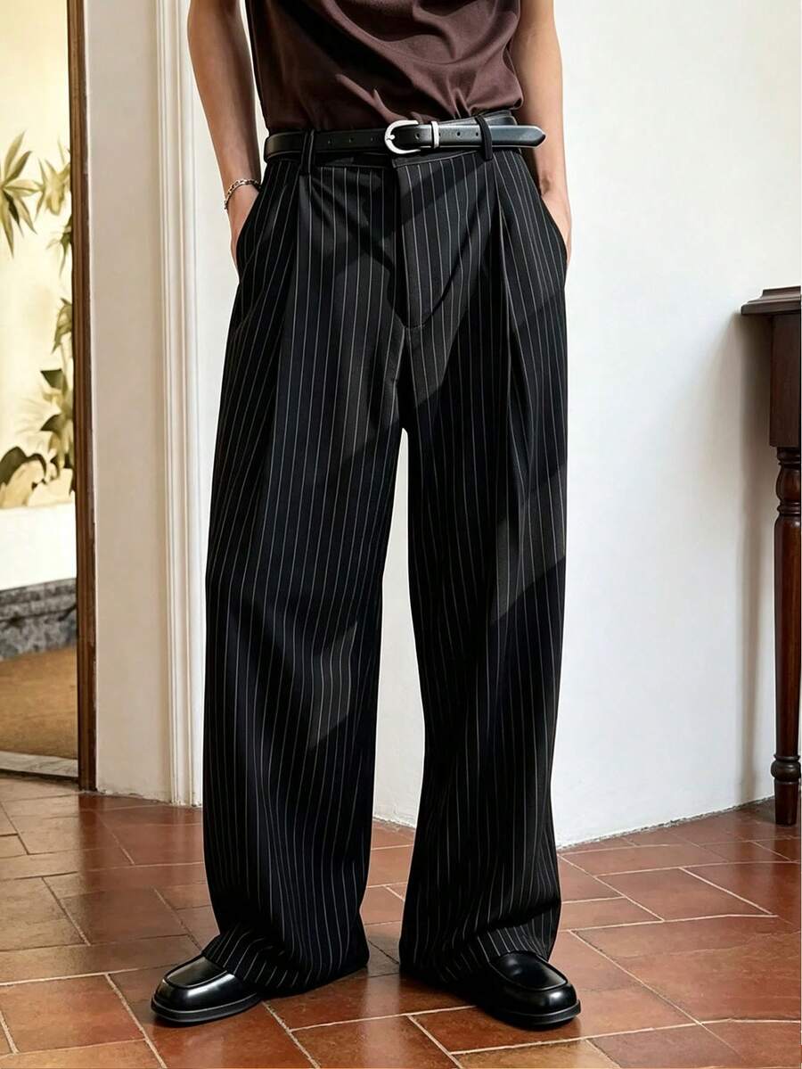 Pantalones largos de pierna ancha estilo casual de negocios para hombres, pantalones a rayas de moda - Negro - Ver 1
