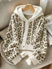 Cardigan Rajut Motif Leopard Wanita Lengan Panjang Kancing Depan Pullover Sweater Panjang Reguler Medium Elastis Atasan Musim Dingin Liburan Musim Gugur - MultiWarna - View 1