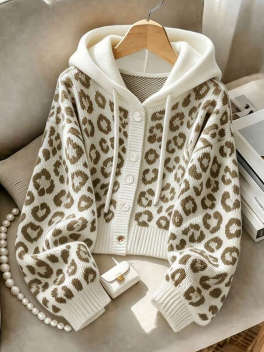 Cardigan Rajut Motif Leopard Wanita Lengan Panjang Kancing Depan Pullover Sweater Panjang Reguler Medium Elastis Atasan Musim Dingin Liburan Musim Gugur - MultiWarna - View 1
