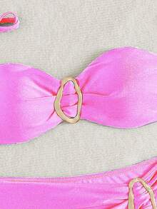 Women's Solid Color Flat Chest Hanging Neck Bikini Two Pieces Set, With Metal Accessories In The Middle, Suitable For Island Vacation - Pink - View 5