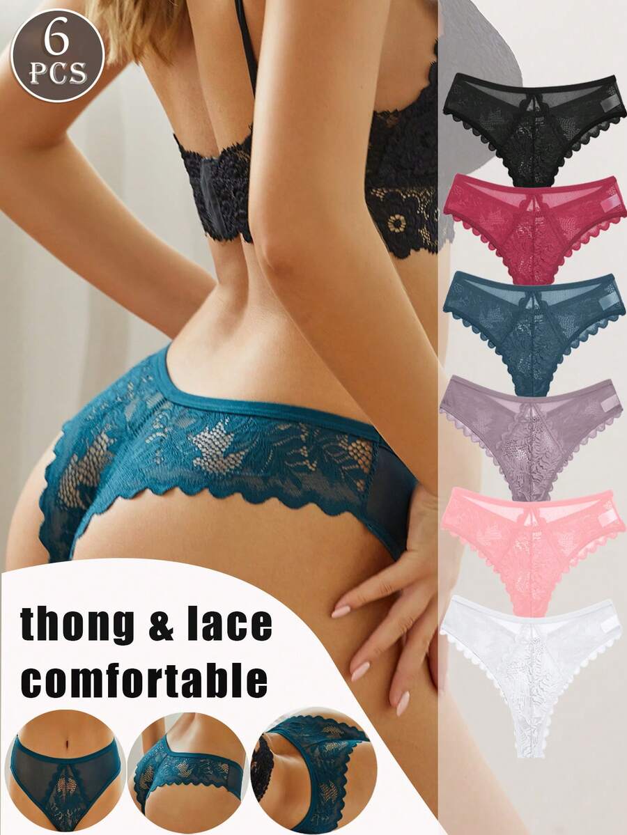 6pcs Women's Floral Lace Low Waist Sexy Thong Panties, Comfortable And Fashionable - Multicolor - View 1