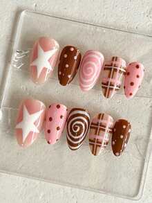 10Pcs Y2K Pink Brown Star Grid Press On Nails,Almond Reusable Handmade False Nails With Gradient Base Swirl Polka Dot Hand Drawn Design,Ins Cute Sweet Girl Nail Art For Back To School Daily Dating Manicure Decor - Multicolor - View 2