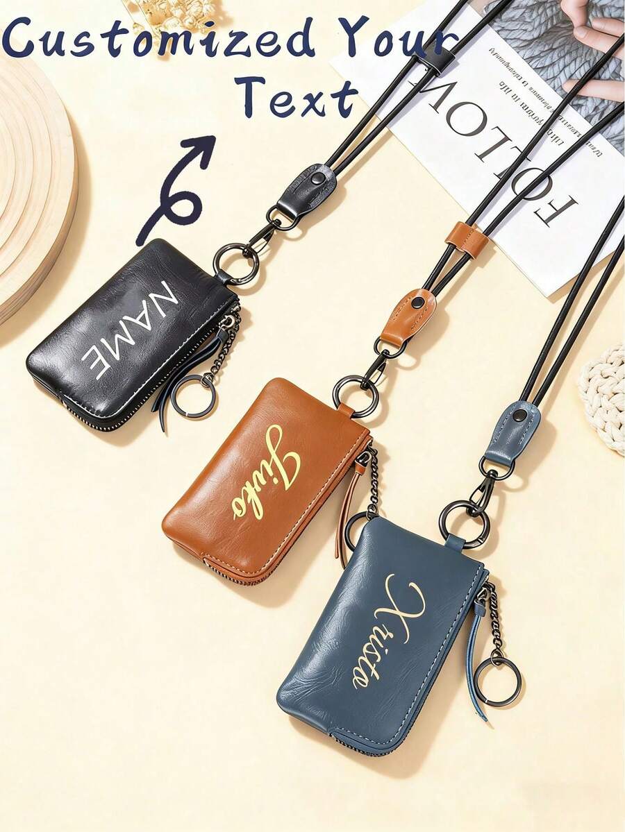 1pc Customized Personalized PU Leather Neck Lanyard Wallet, Customizable Text Mini Neck Hanging Coin Purse Keychain, Fashion Leather, Multi-Functional Large Capacity Coin Purse Card Holder Unisex Storage Bag Gift, Anniversary Gift, With Shoulder Strap And Buckle Zipper Card Holder, Portable Multi-Functional Small Accessory Storage Bag. - Multicolor - View 1