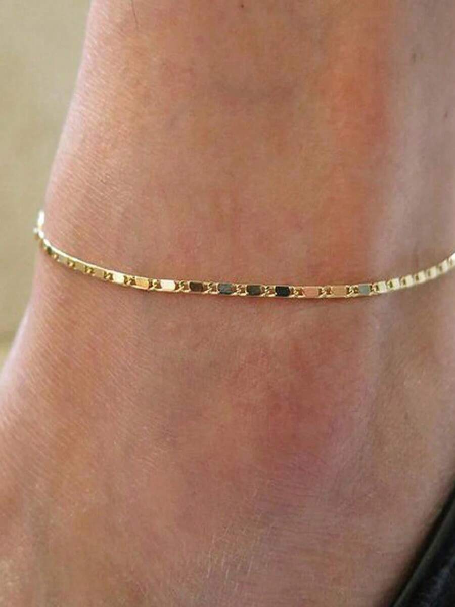1pc Slim Simple Anklet,Single Shiny Flat‑Link Chain Design,Sparkle Metal Flat Chain,Minimalist Jewelry Women Daily Gathering Holiday Gift‑Giving - Anklets - View 1