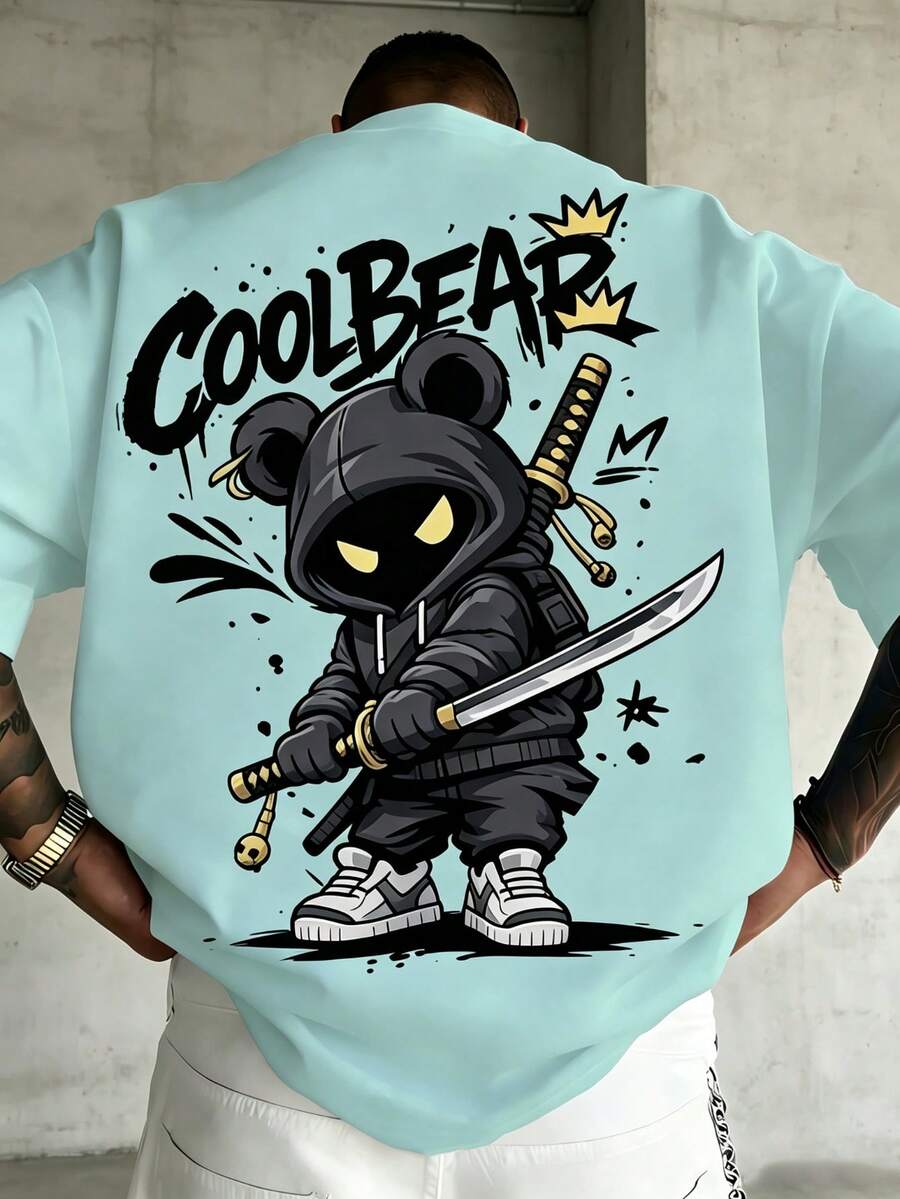 Plus Size Men's Light Blue-Green Back Samurai Bear COOL BEAR English Crown Print Short Sleeve T-Shirt - Mint Green - View 1