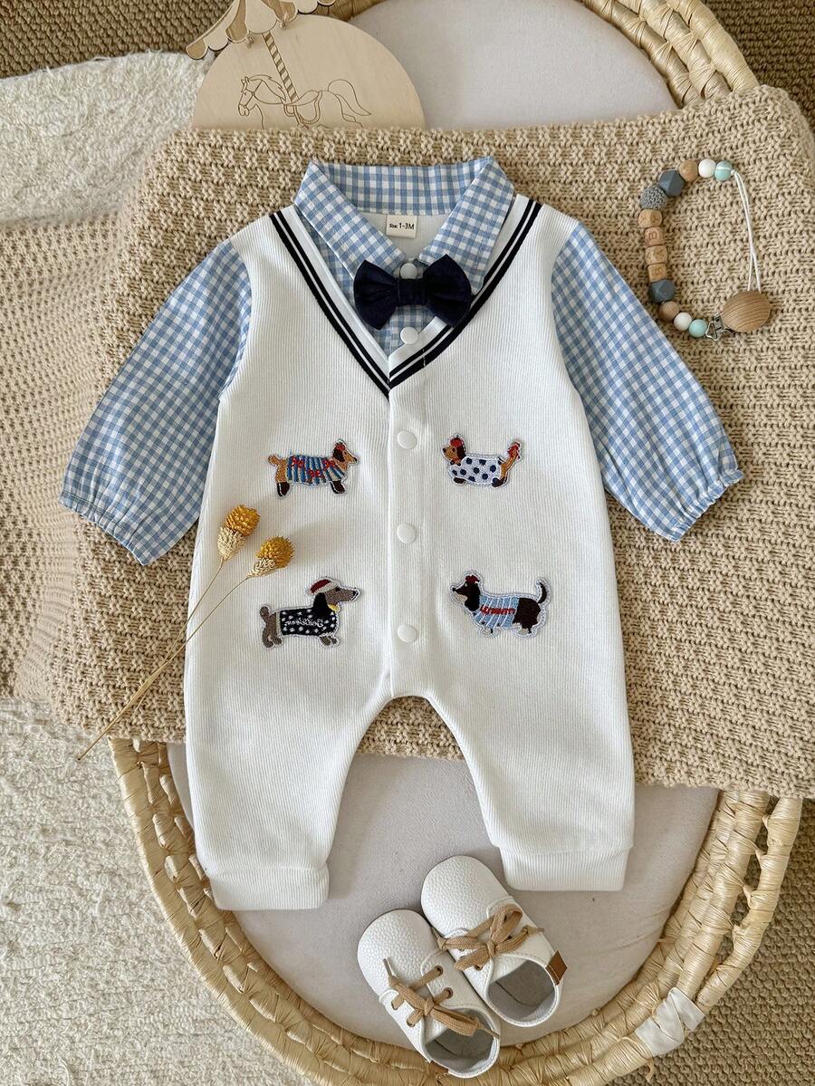 Baju Terusan Bayi Laki-Laki Motif Kotak-kotak dengan Bordir Anak Anjing dan Pita, Lengan Panjang