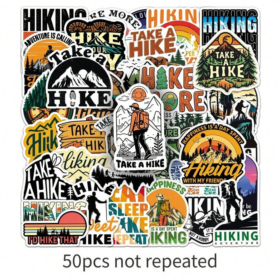 50 Sheets Outdoor Hiking Silhouette Graffiti Waterproof Stickers Travel Walking Decals For Journal Scrapbook DIY Decor - 50 PCS - View 1