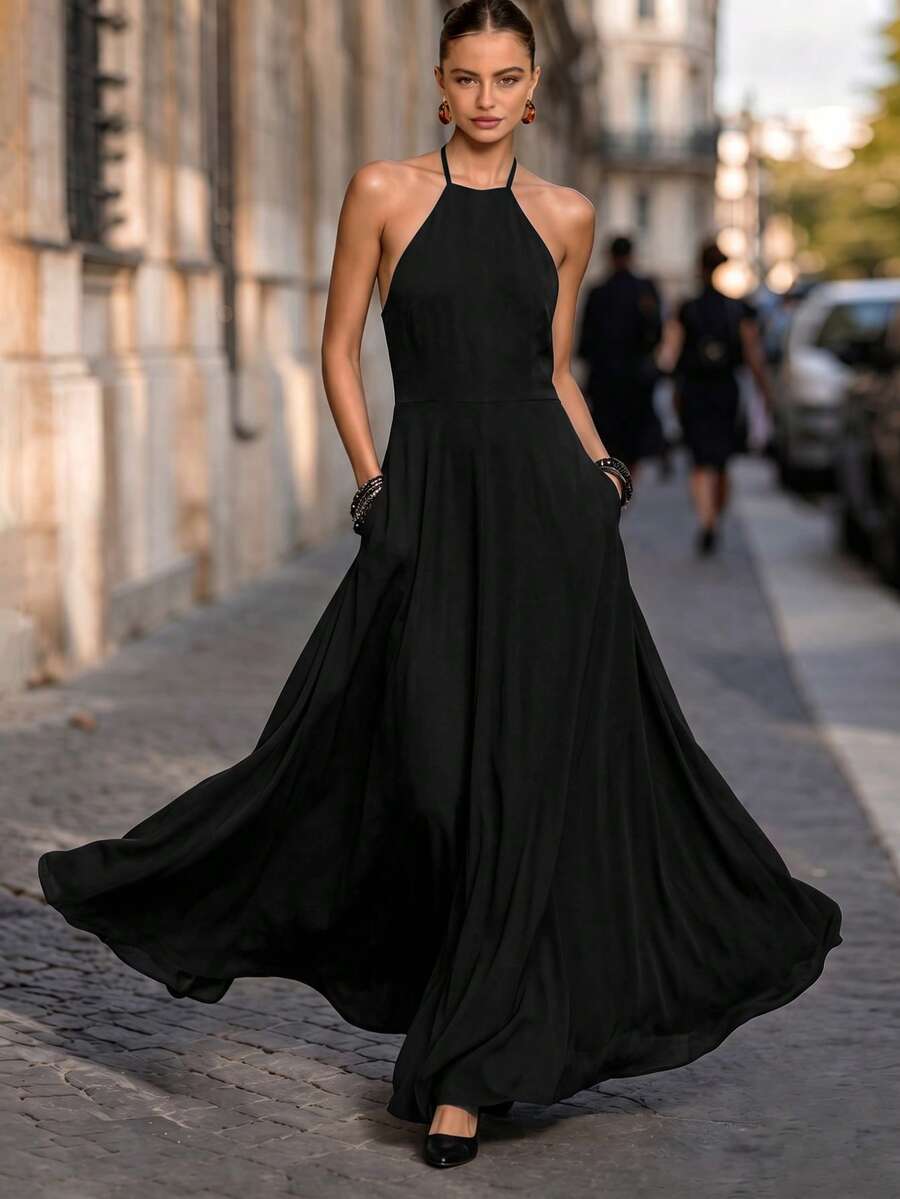 Vestido largo elegante negro de cuello halter para mujer Mokiwe, diseño versátil casual de moda para vacaciones de verano, desplazamientos y trabajo - Negro - Ver 1