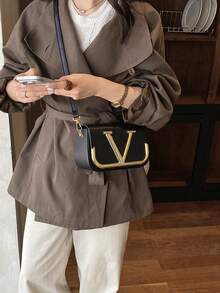 SHIMEINI 1pc New Fashion V-Buckle Shoulder Crossbody Bag, Premium Structured Hard Shell Bag, Suitable For Women's Daily Use, Work Commute, Vacation Travel, Holiday, Party, Shopping, Gift - Black - View 2