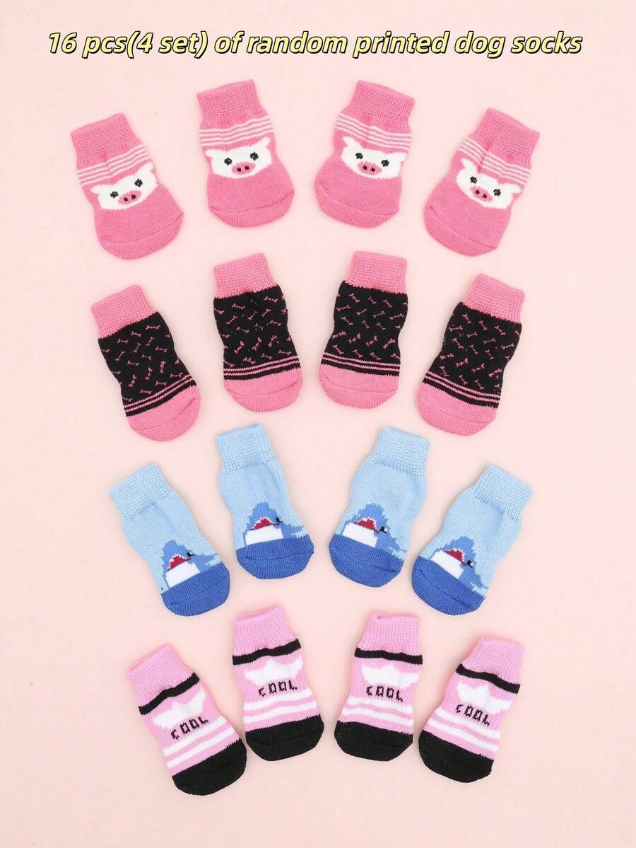 16 piezas (4 juegos aleatorios) Calcetines lindos para mascotas con estampado de perro, antideslizantes, zapatos para gatos y cachorros, protección de patas, suministros adecuados para perros pequeños, antideslizantes para interiores - Multicolor - Ver 1