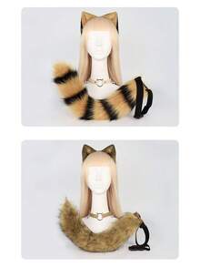 Cosplay Plush Animal Ear And Tail Set 2D Fox Ear Wolf Ear Hair Collar Tail Accessories Cat Headbell Collar - Black and White Three-piece Set - View 2