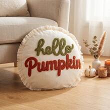 1件 17英吋圓形絎縫「Hello Pumpkin」抱枕套（僅枕套）復古秋季農舍風裝飾枕套，附流蘇邊飾，適用客廳 - 燕麥色 - 查看 1