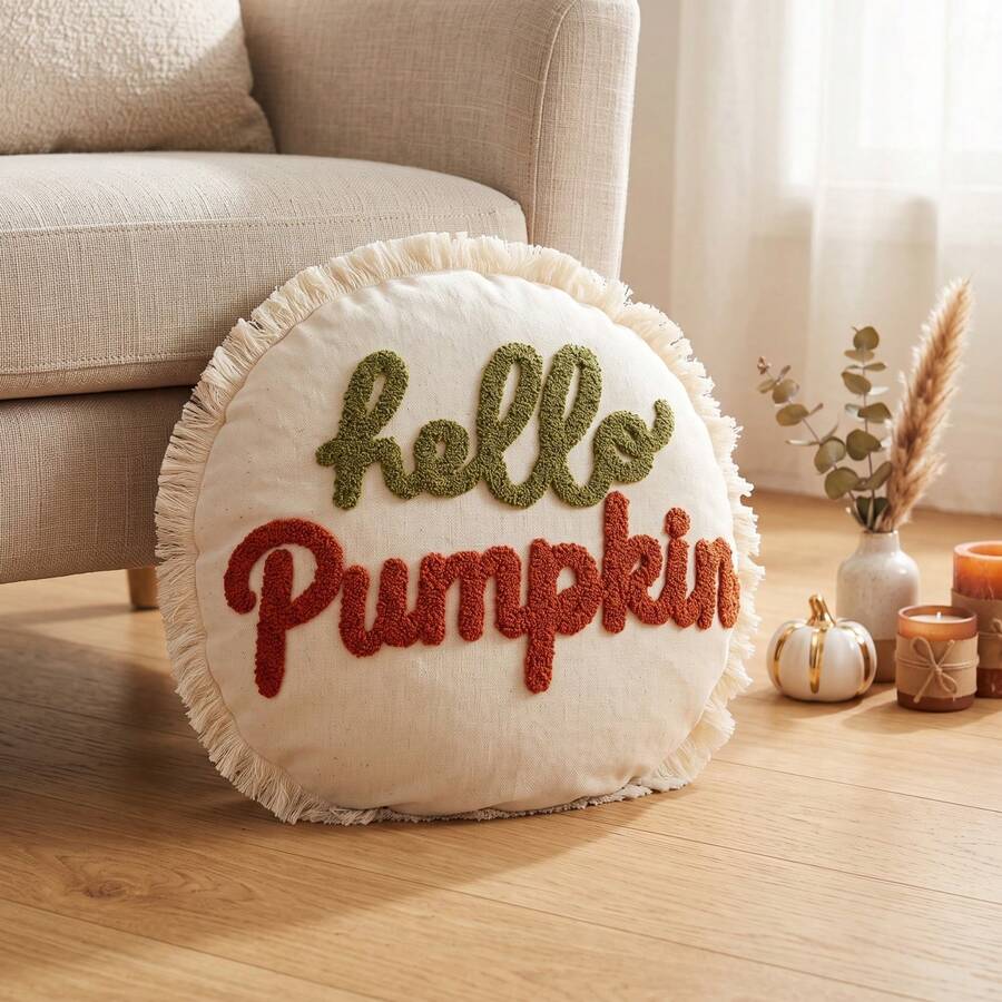 1件 17英吋圓形絎縫「Hello Pumpkin」抱枕套（僅枕套）復古秋季農舍風裝飾枕套，附流蘇邊飾，適用客廳 - 燕麥色 - 查看 1