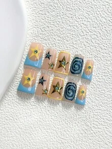 10片裝 Y2K 夢幻風手工穿戴甲，Polygel 美甲套組，水鑽星星手繪圖案，黃色與藍色配色，甜酷風格，附美甲工具，3種尺寸可選，杏仁/鴨嘴/棺材形，適合派對、跳舞、日常配戴 - 彩色 - 查看 14