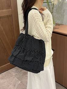 Dedoo Women's Polka Dot Print Ruffle Drawstring Tote Shoulder Bag, Korean Style Daily Student Handbag, Large Capacity Campus Backpack, Suitable For University Campus - Black - View 5