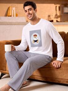 Ensemble de vêtements d'intérieur pour hommes avec T-shirt à col ras-du-cou décontracté à manches longues et pantalon long décontracté pour l'été - Blanc - Voir 5