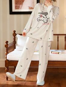 Gongdie 2pcs Snoopy Women's Pajama Set, Spring/Autumn Soft Cotton Loungewear In Grey Floral, With Cartoon Pattern And Bow Print - Light Grey - View 10