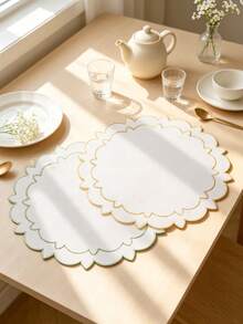 1-4pcs Gold Trim Double Layer Petal Embroidered Placemats, Korean Cream Style Fabric Round Wavy Edge Heat-Insulating Table Mats, Wedding Spring Afternoon Tea Table Decor - Multicolor - View 3
