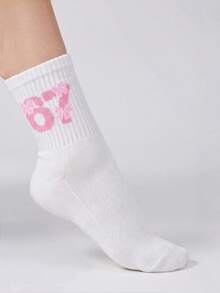 1/5/10 Pairs Women's New Cartoon Viral Number 67 Mid-Calf Socks, Cute Sweet Bowknot, Solid Color Casual Versatile, Suitable For All Seasons - Multicolor - View 5