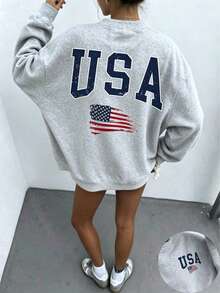 2026 New Arrival Bestseller Women's "USA" & American Flag Print Loose Pullover Sweatshirt, Encountering Lazy Fashion, Women's Graphic Tops Clothes. - 淺灰色2 - 查看 13