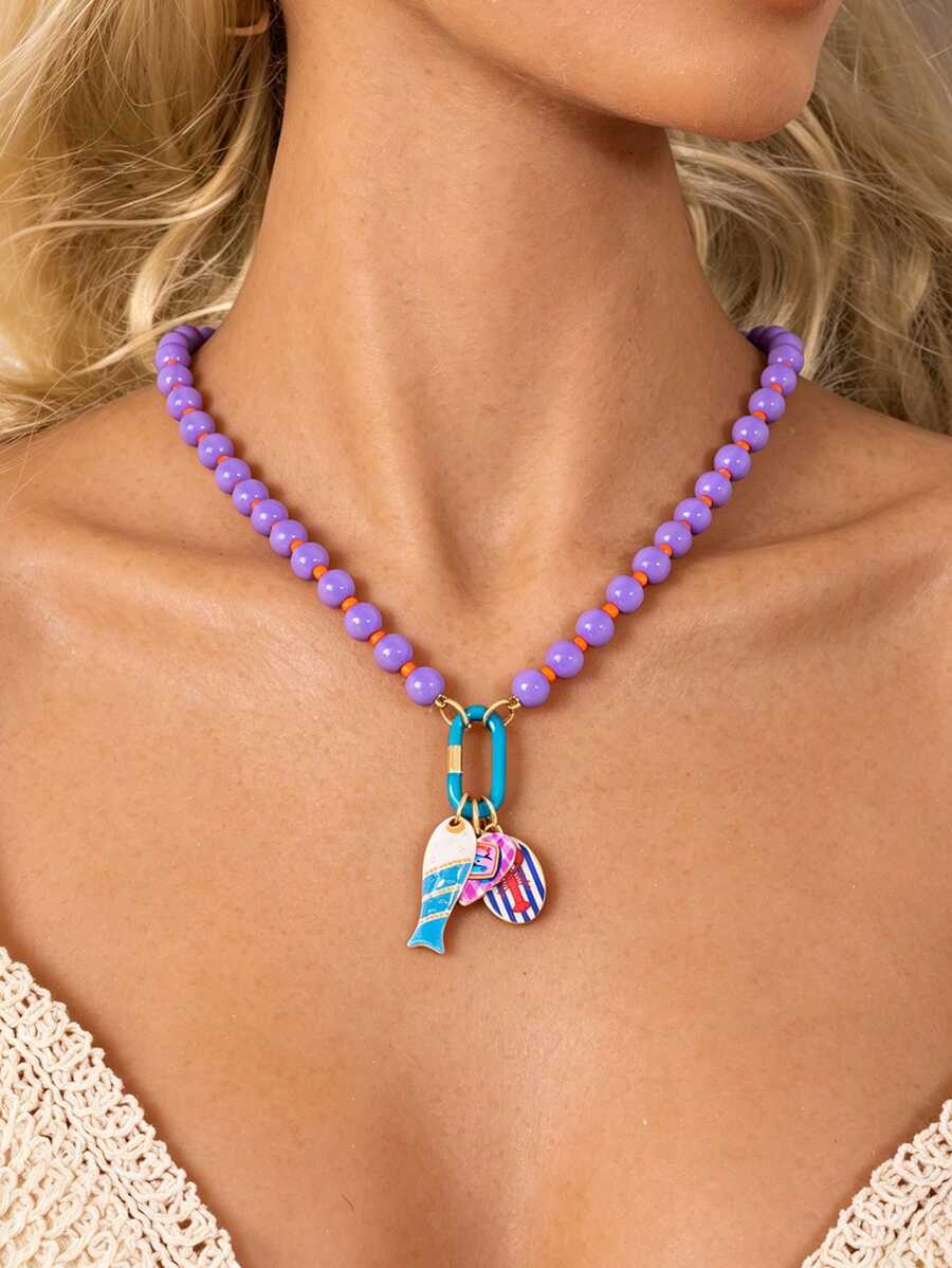 1pc Summer Beach Handmade Purple Beaded Necklace With Fish, Starfish, Heart And Colorful Tropical Fish Pendant For Women - Multicolor - View 1