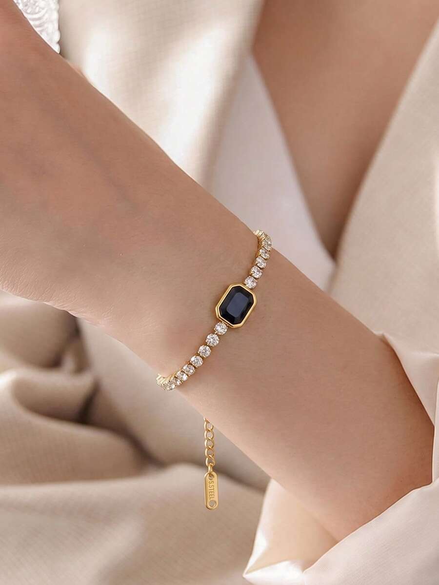 Women Polished Rectangular Inlay Chain Bracelet, Minimal Stackable Metal Wrist Band, Elegant Daily Evening Jewelry Gift For Ladies,Bracelets For Women