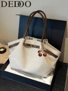 Dedoo 女款托特包，純色編織亞麻布料，皮革飾邊，櫻桃吊飾，優雅通勤手提包，大容量，校園後背包，大學校園 - 彩色 - 查看 2