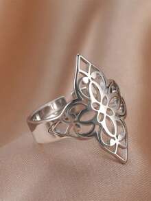 TEAMER 1pc Fashion Women Stainless Steel Hollow Flower Open Adjustable Ring, Versatile Accessory, Unisex Style, Gift For Friends - Fashion Series - View 3