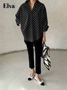 ELVA 女款黑色波點長袖寬鬆辦公襯衫，適合工作、情人節、秋季、返校假期 - 黑色 - 查看 6