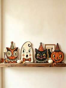 Decoración de Halloween Vintage para Interiores, Estantería de Bloque de Madera Retro, Fantasma Lindo, Calabaza, Gato Negro, Esqueleto, Búho Bruja, Regalo de Inauguración de Casa - Ver 6