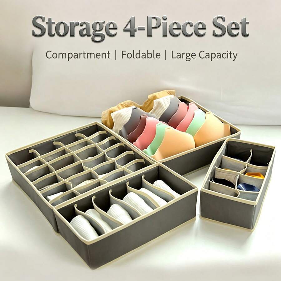 4pcs Multi-Size Modular Underwear Storage Boxes, Freely Combinable And Detachable Drawer Dividers, Large Capacity Foldable Non-Woven Fabric Organizer Boxes For Bras, Panties, Socks - Grey - View 1